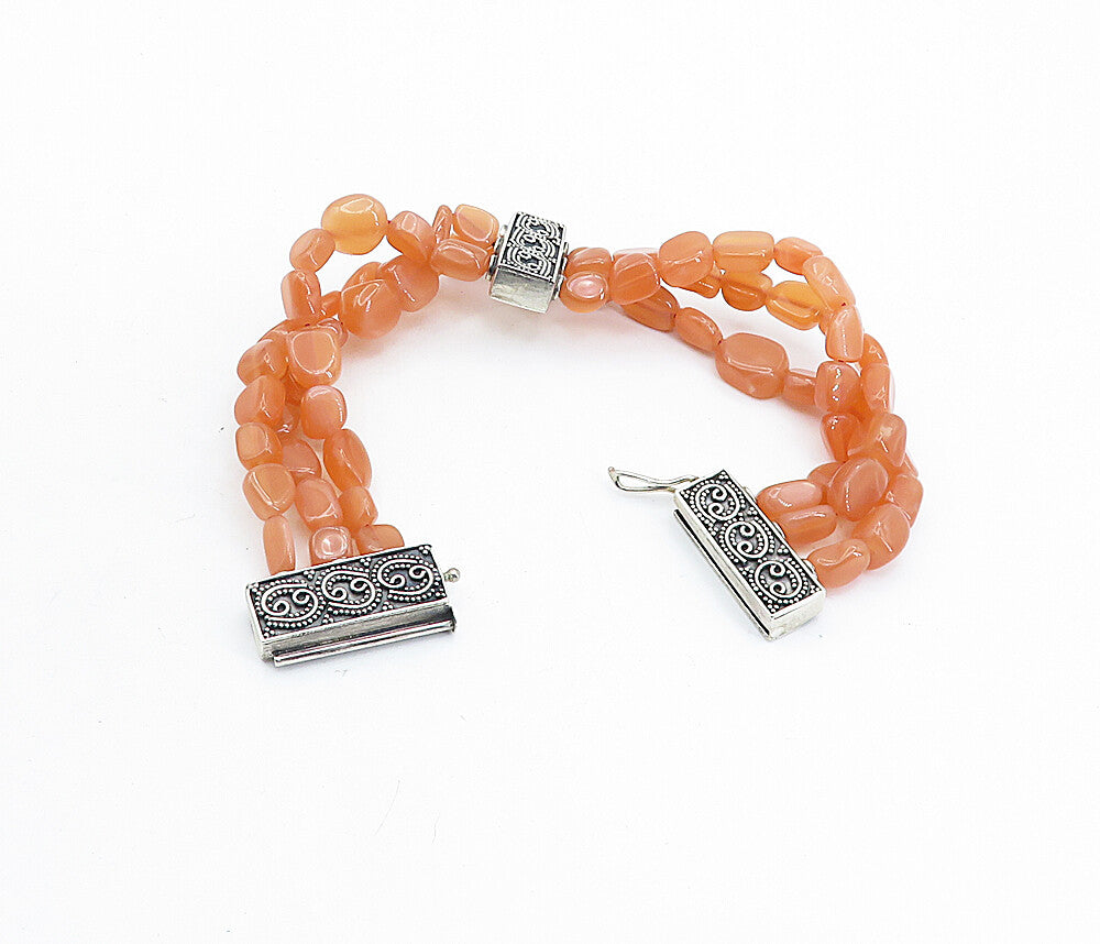 925 Sterling Silver Vintage Carnelian Multi Strand Beaded Bracelet BT2594