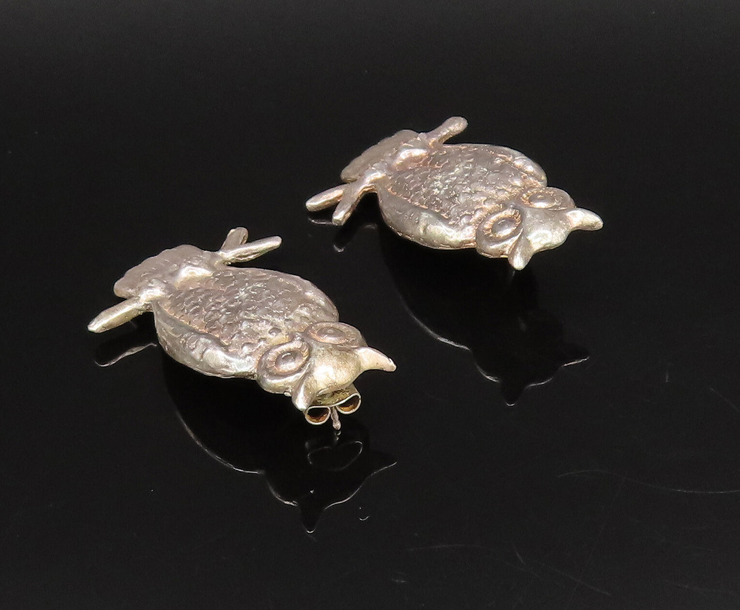 JUANITA ENRIGHT 925 Silver  Vintage Carved Textured Owls Earrings  EG12237