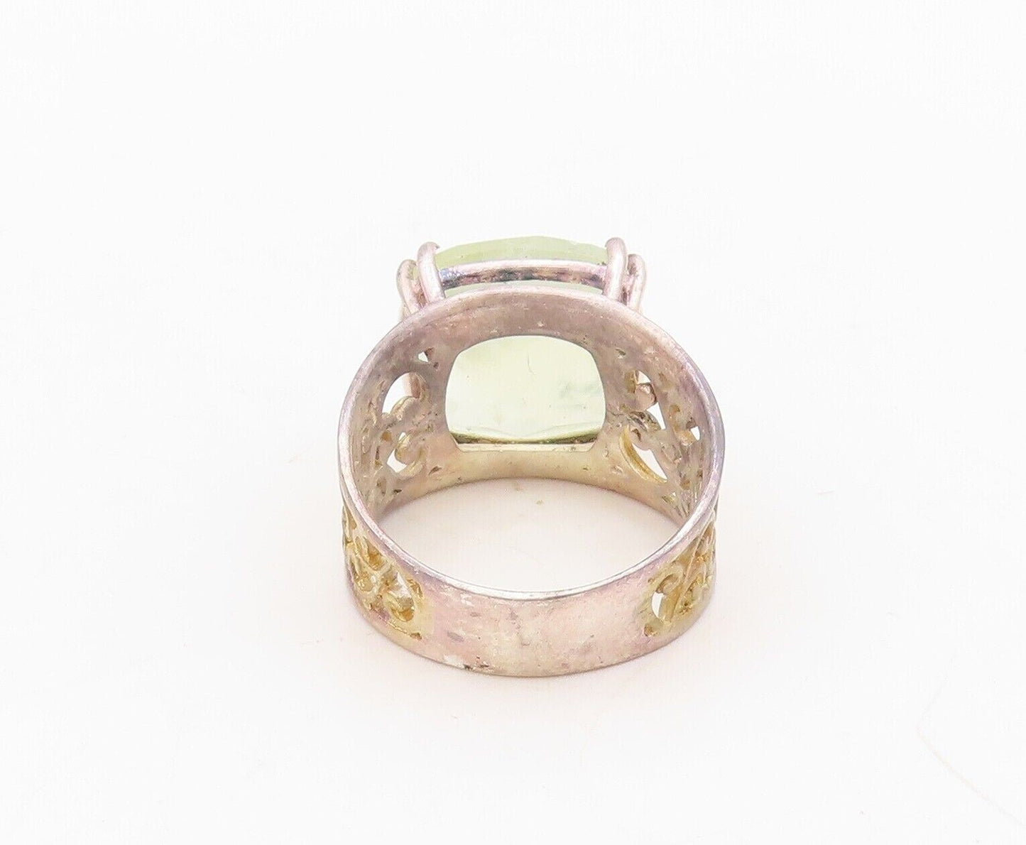 925 Sterling Silver Vintage Ring Swirly Cut Band Green Gemstone  Sz 7.5  RG30441