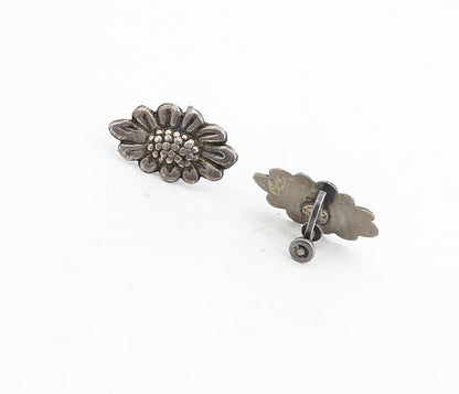 MEXICO 925 Silver   Vintage Dark Tone Floral Non Pierce Drop Earrings  EG4402
