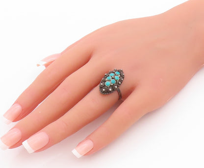 925 Sterling Silver Vintage Ring Antique Turquoise Wired Flowers  Sz 6  RG33317