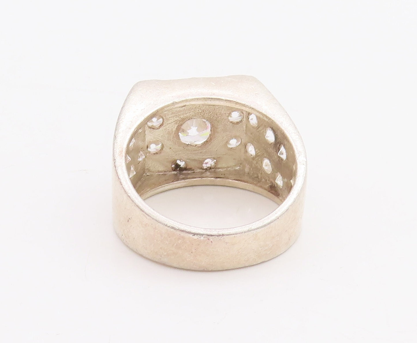 925 Sterling Silver Vintage Ring Large Solid Round CZ Inlay  Sz 8.5  RG28876