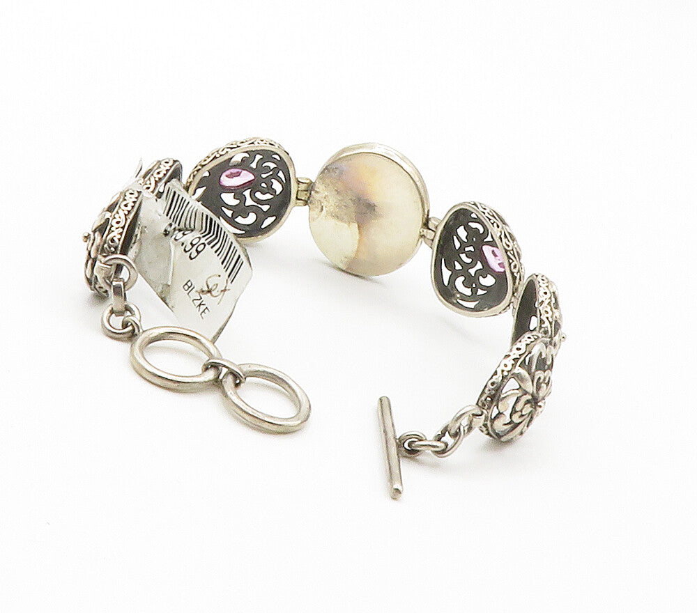 925 Sterling Silver  Vintage Pink Topaz Floral Hinge Chain Bracelet  BT5900