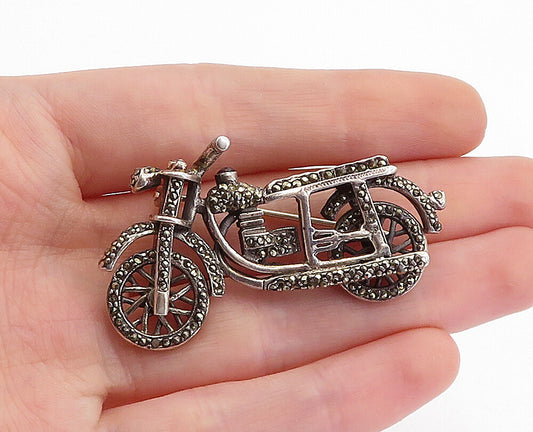 925 Sterling Silver  Vintage Marcasite Decorated Motorcycle Brooch Pin  BP1776