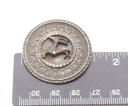925 Sterling Silver Vintage Brooch Pin Round Carved Running Reindeer  BP10730