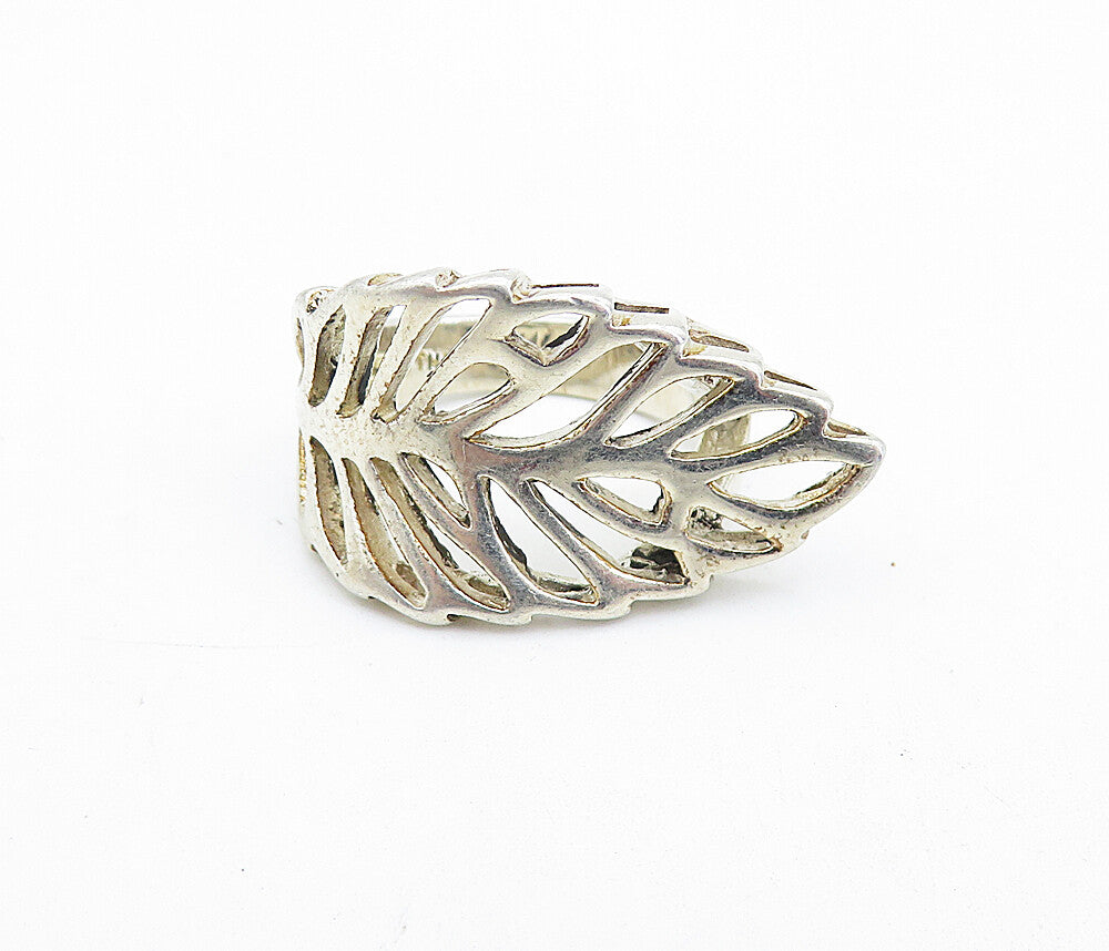 925 Sterling Silver  Vintage Shiny Single Leaf Feather Band Ring Sz 6.5 RG6002