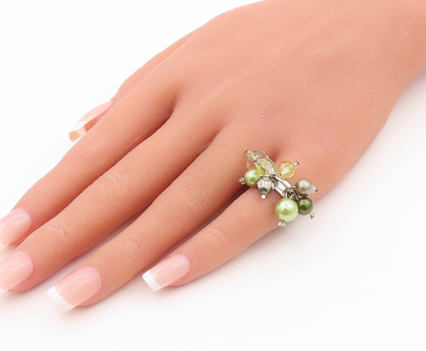 925 Sterling Silver Vintage Ring Pearls Peridot Topaz Cluster  Sz 7  RG31831