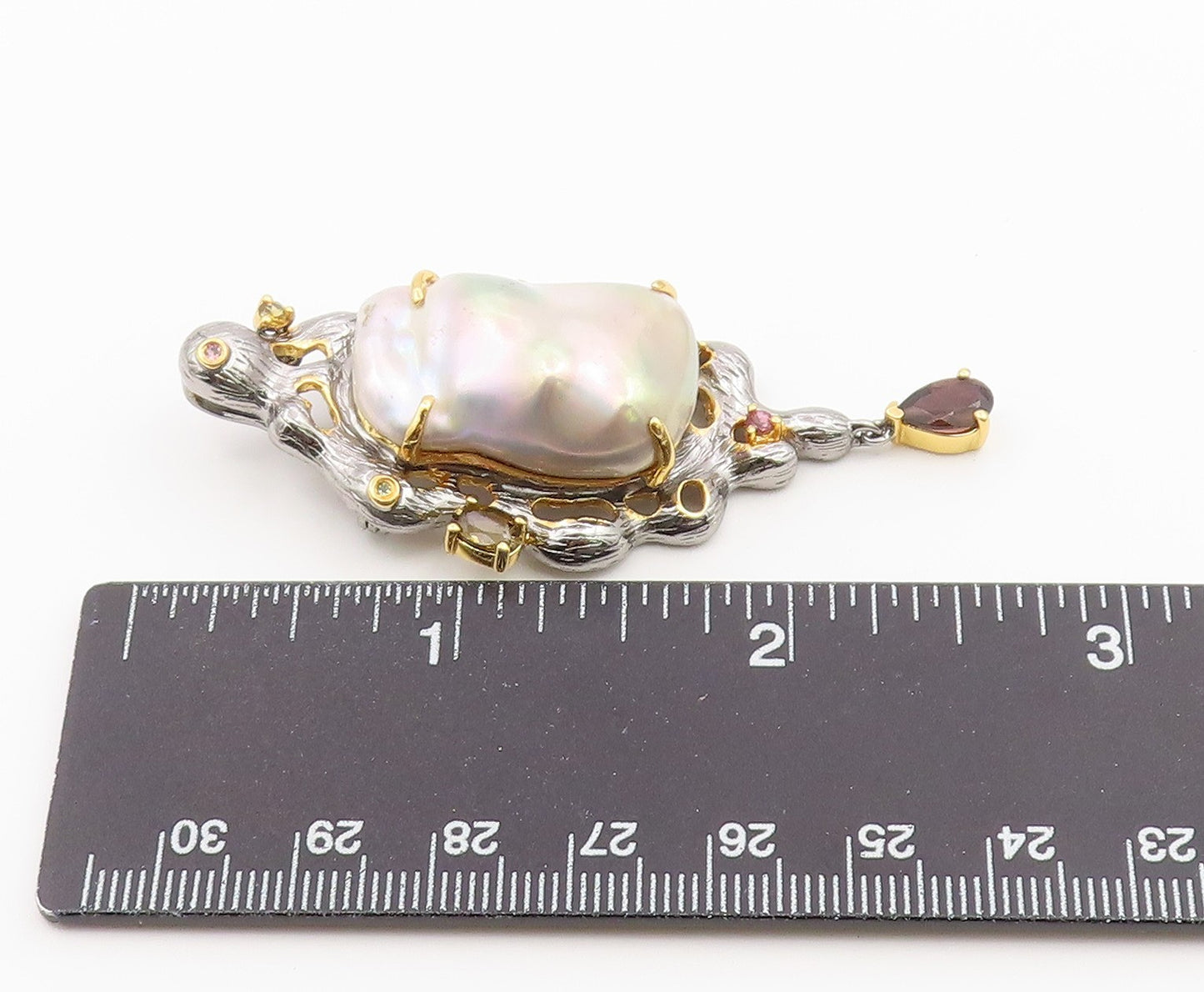 925 Sterling Silver Vintage Brooch Pin Two Tone Pearl & Gemstone Design  BP12642
