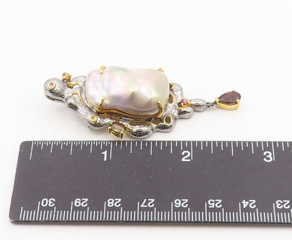 925 Sterling Silver Vintage Brooch Pin Two Tone Pearl & Gemstone Design  BP12642
