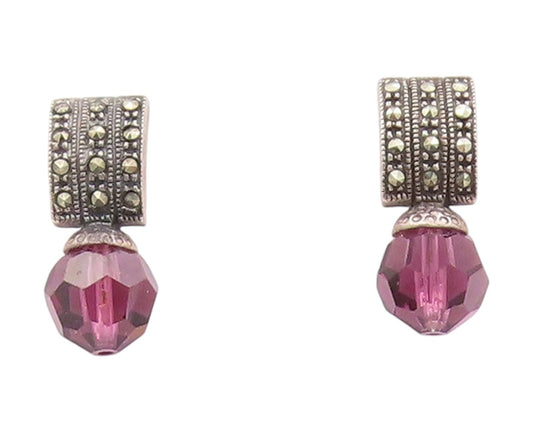 925 Sterling Silver Vintage Earrings Faceted Amethyst & Marcasite Studs  EG13863
