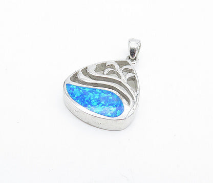 925 Sterling Silver  Petite Shiny Inlaid Blue Fire Opal Cutout Pendant  PT5561