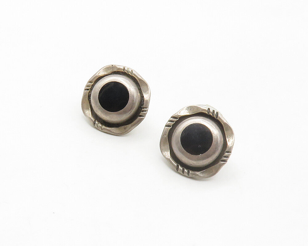 MEXICO 925 Sterling Silver  Vintage Inlaid Black Onyx Stud Earrings  EG8802