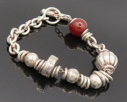 925 Sterling Silver  Vintage Beaded Link Carnelian Toggle Lock Bracelet BT9999