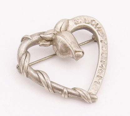 925 Sterling Silver Vintage Brooch Pin Coiled Carved Rose Love Heart  BP10758