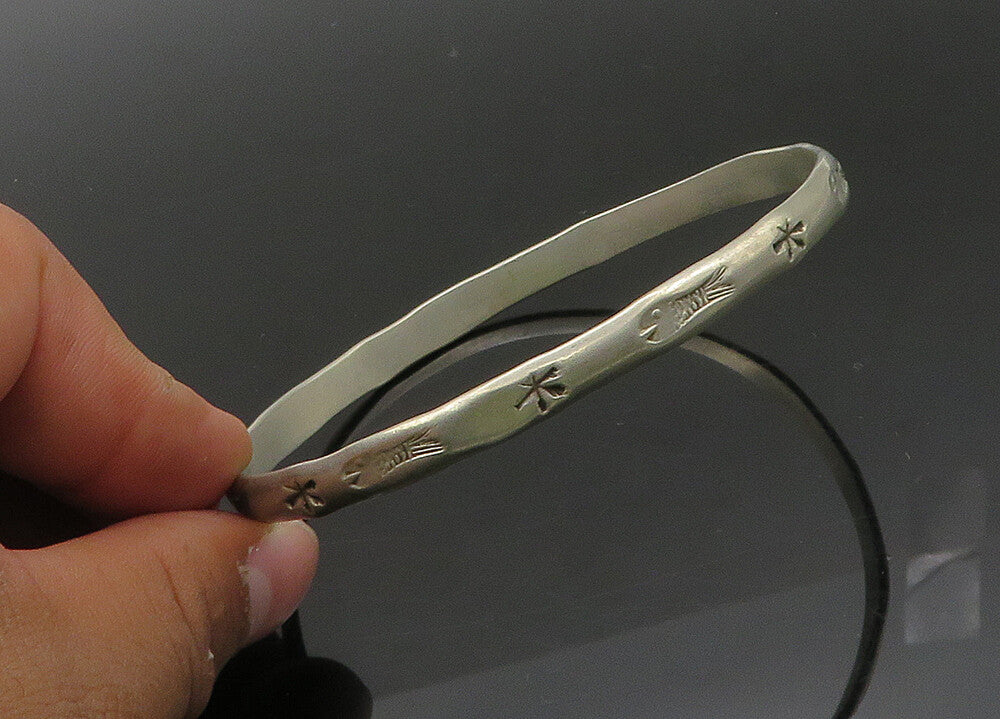 MEXICO 925 Sterling Silver  Vintage Etched Fish Pattern Bangle Bracelet BT8696