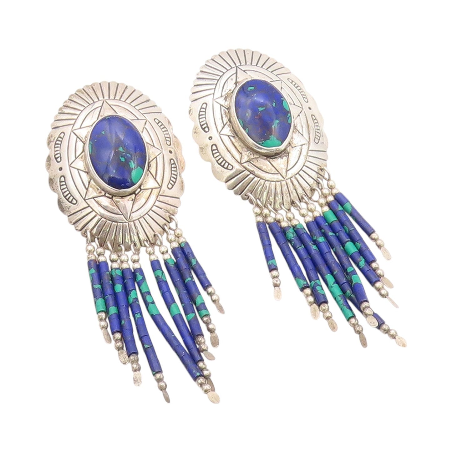 925 Sterling Silver Vintage Earrings SOUTHWESTERN Azurite Etched Dangles EG13483