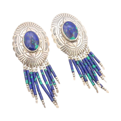 925 Sterling Silver Vintage Earrings SOUTHWESTERN Azurite Etched Dangles EG13483