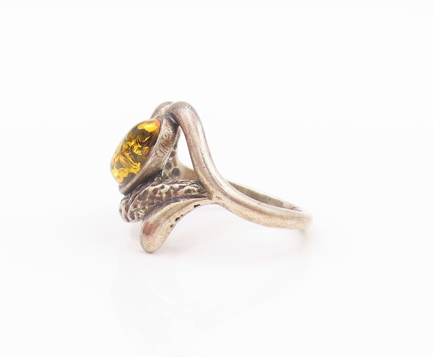 925 Sterling Silver Vintage Ring Cabochon Honey Amber Floral  SZ 6.5  RG32240