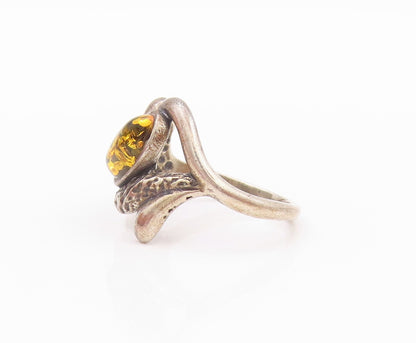 925 Sterling Silver Vintage Ring Cabochon Honey Amber Floral  SZ 6.5  RG32240