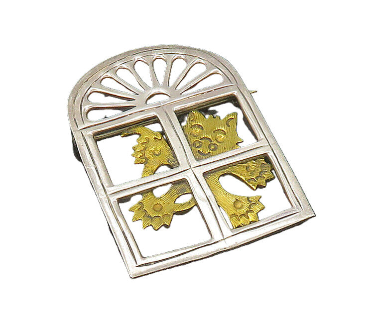 MEXICO 925 Sterling Silver  Vintage Two Tone Cat In Window Brooch Pin  BP8362