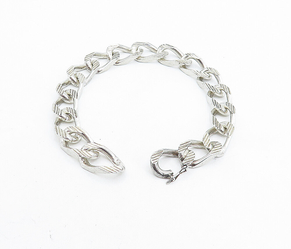 925 Sterling Silver  Vintage Shiny Etched Curb Link Chain Bracelet   BT3264