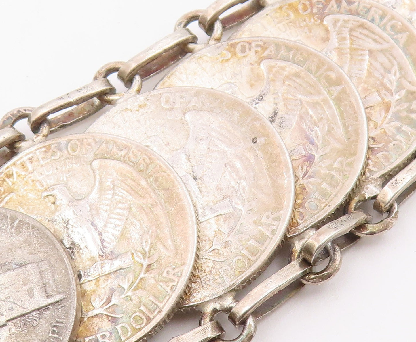 925 Sterling Silver Vintage Bracelet Articulated Liberty Multi Coin Link BT12157