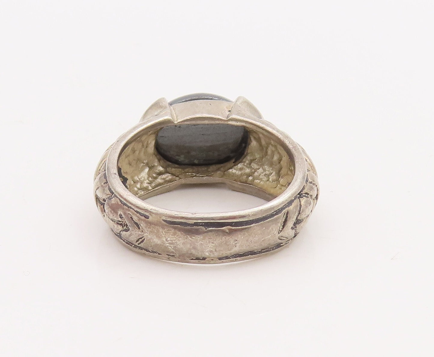 925 Sterling Silver Vintage Ring DAVID SIGAL Carved Oval Hematite Sz 7.5 RG28891