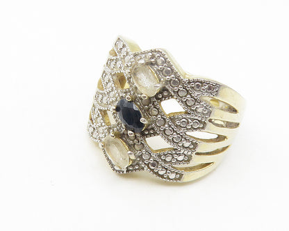 925 Sterling Silver  Vintage Topaz & Sapphire Split Band Ring Sz 8 RG11231