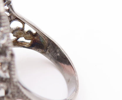 925 Sterling Silver Vintage Ring Cabochon Aqua Floral Carved Topaz Sz 7  RG29260