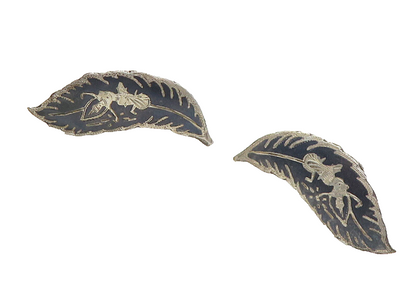 SIAM 925 Silver  Vintage Enamel Niello Dancer Leaf Non Pierce Earrings  EG5340