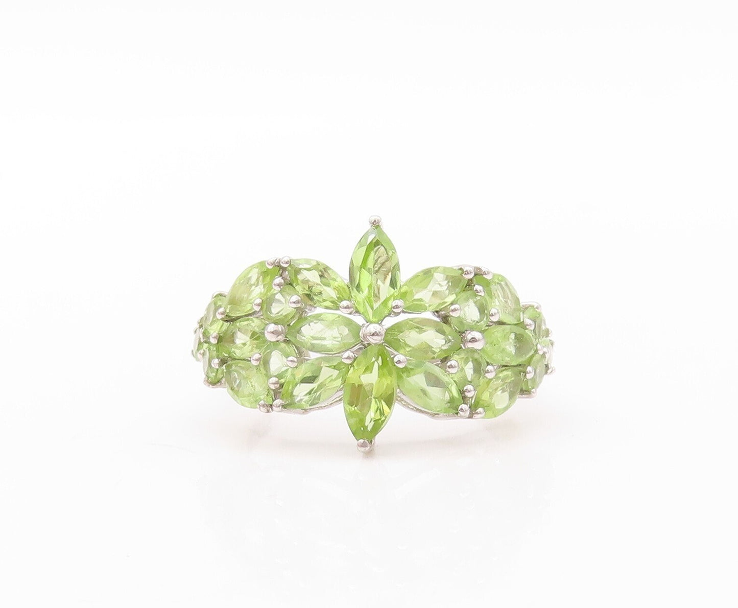 925 Sterling Silver Vintage Ring Floral Marquise Cut Peridot Inlay Sz 7  RG30824