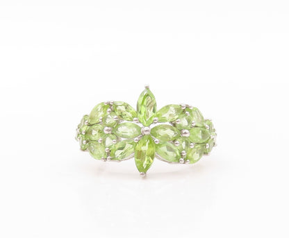 925 Sterling Silver Vintage Ring Floral Marquise Cut Peridot Inlay Sz 7  RG30824