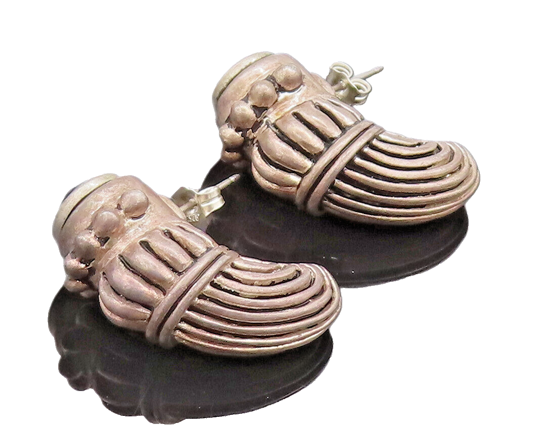 925 Sterling Silver Vintage Earrings Carved Antique Onyx Animal Tooth  EG12893