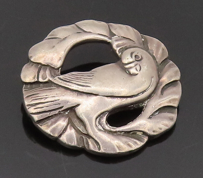 925 Sterling Silver Vintage Brooch Pin Antique Carved Parrot On Tree  BP10604