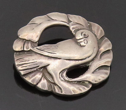 925 Sterling Silver Vintage Brooch Pin Antique Carved Parrot On Tree  BP10604