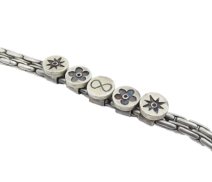 925 Sterling Silver  Vintage Antique Oxidized Flowers Chain Bracelet  BT2490