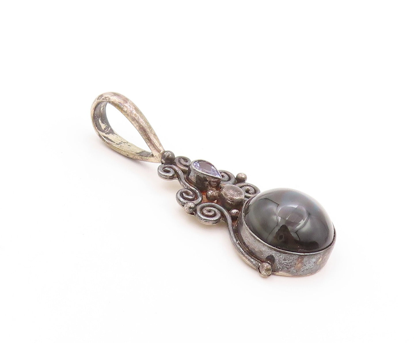 925 Sterling Silver Vintage Pendant SAJEN Antique Onyx & Amethyst  PT23946