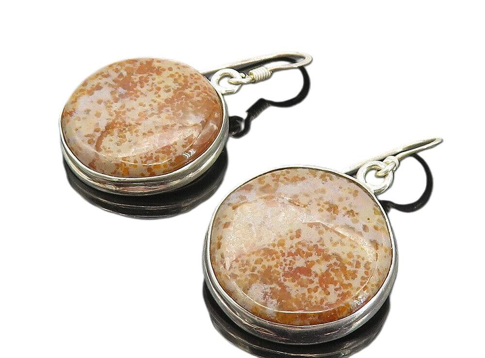 925 Sterling Silver  Vintage Minimalist Round Jasper Dangle Earrings  EG3875