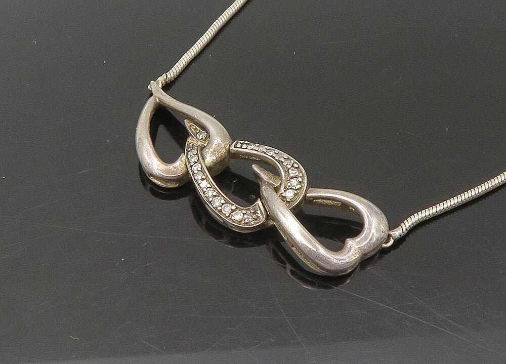 925 Sterling Silver  Vintage Genuine Diamonds Hearts Chain Necklace  NE3619