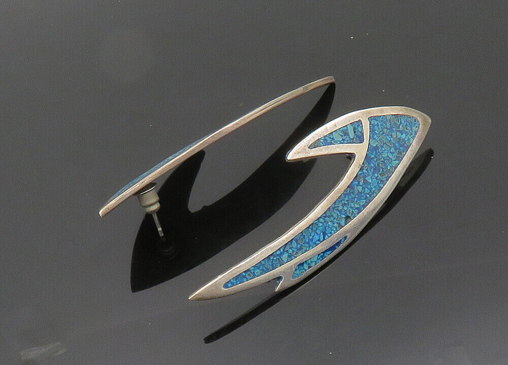 MEXICO 925 Silver  Vintage Inlaid Crushed Turquoise Dangle Earrings  EG10022