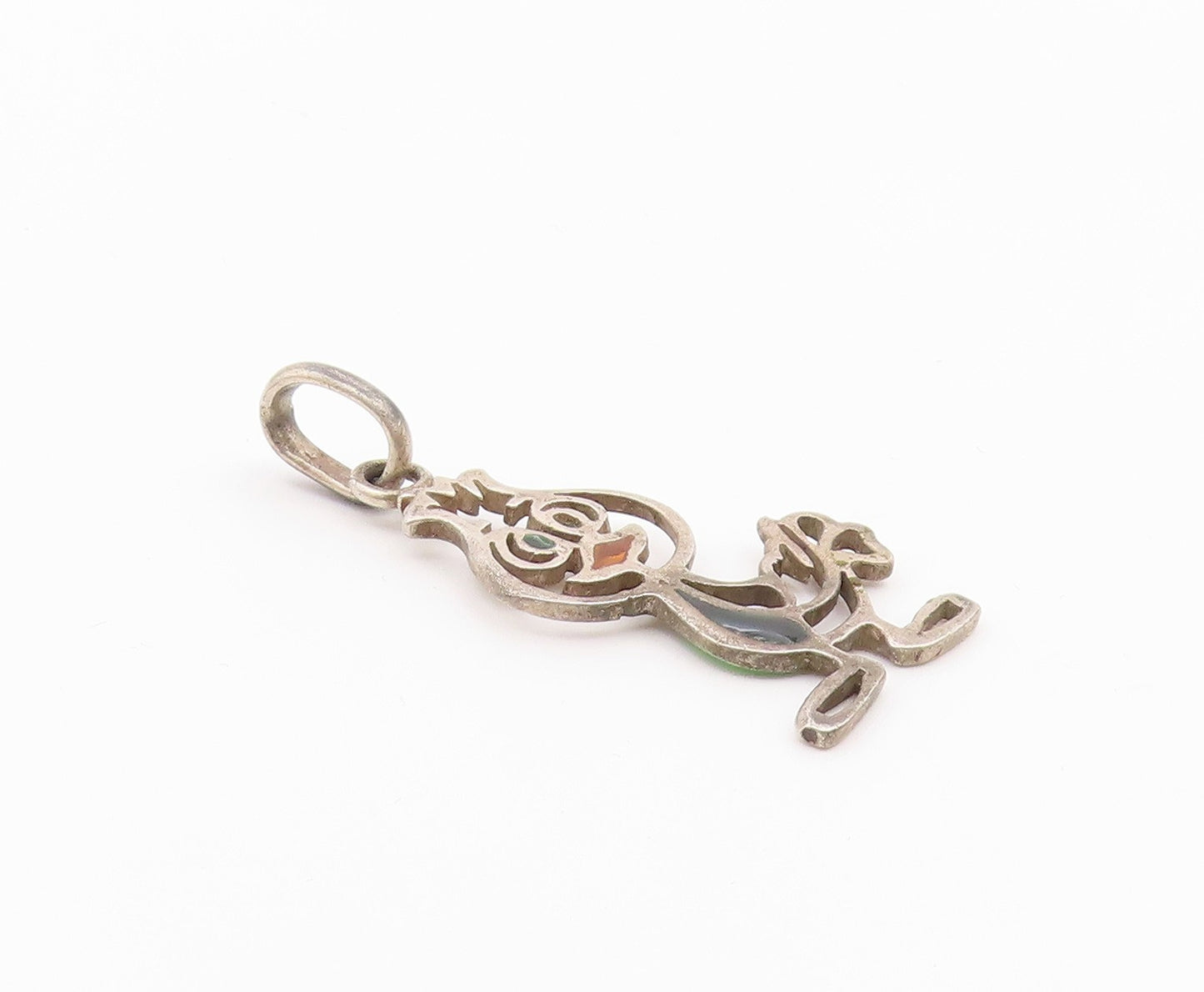 925 Sterling Silver  Vintage Cutout Bird Motif Enamel Detail Pendant  PT8020
