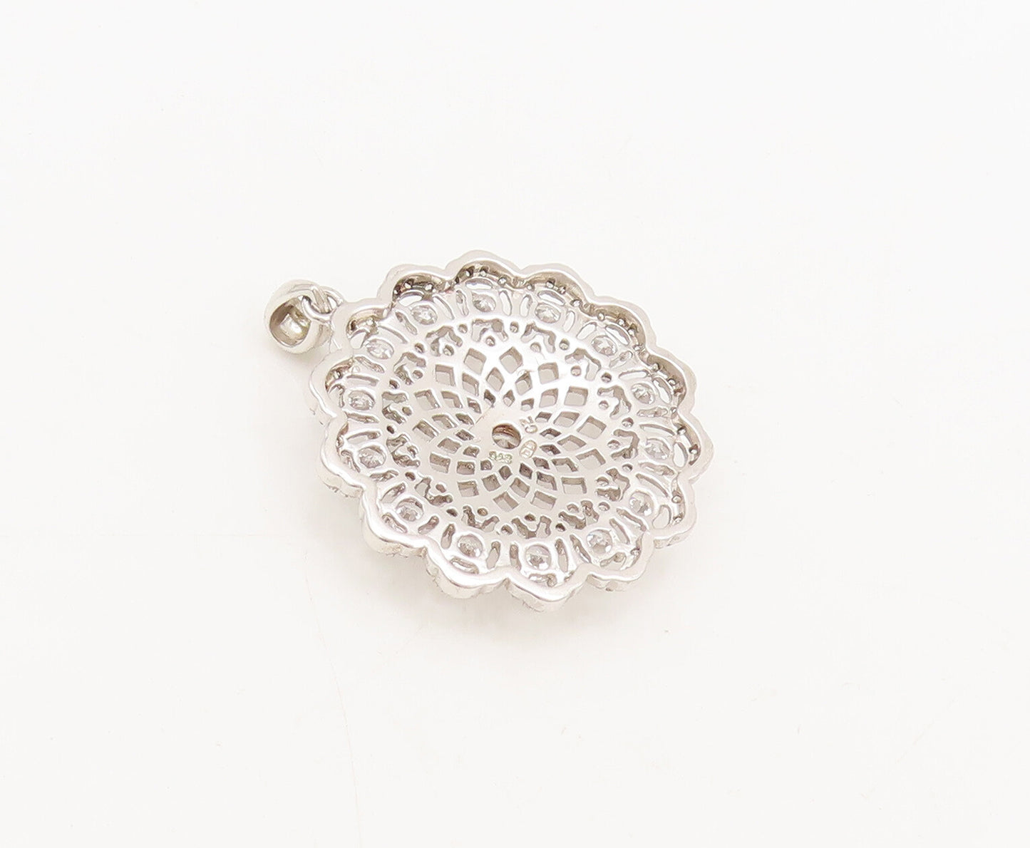 925 Sterling Silver Vintage Pendant CZ Round Sunflower Shape Carved  PT22511