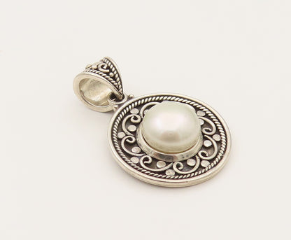 BALI 925 Silver  Vintage Swirl Flower & Freshwater Pearl Pendant  PT21966