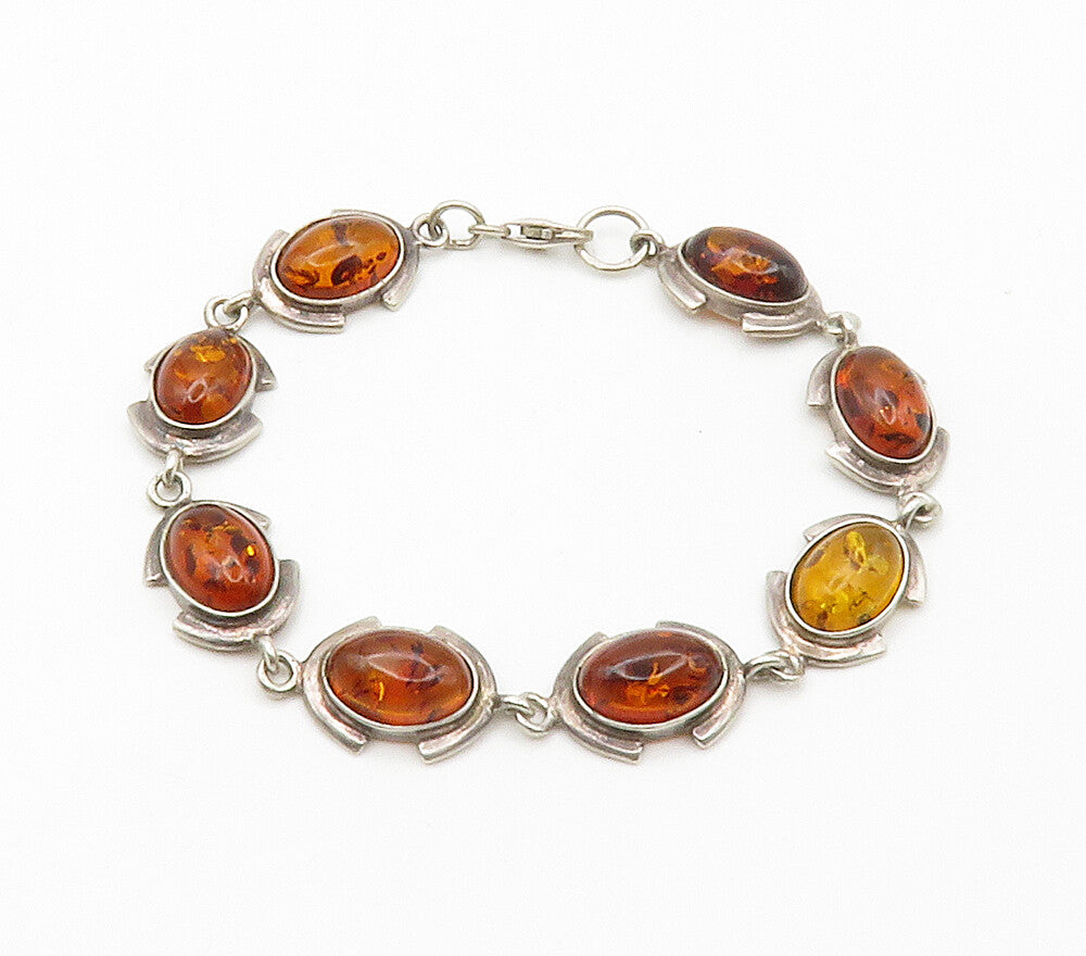 925 Sterling Silver  Vintage Cabochon Cut Amber Oval Chain Bracelet  BT5913