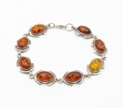 925 Sterling Silver  Vintage Cabochon Cut Amber Oval Chain Bracelet  BT5913
