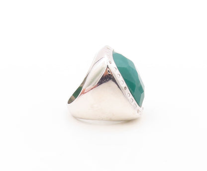 925 Sterling Silver Vintage Ring Rectangle Green Onyx & CZ Frame Sz 7.5  RG30918