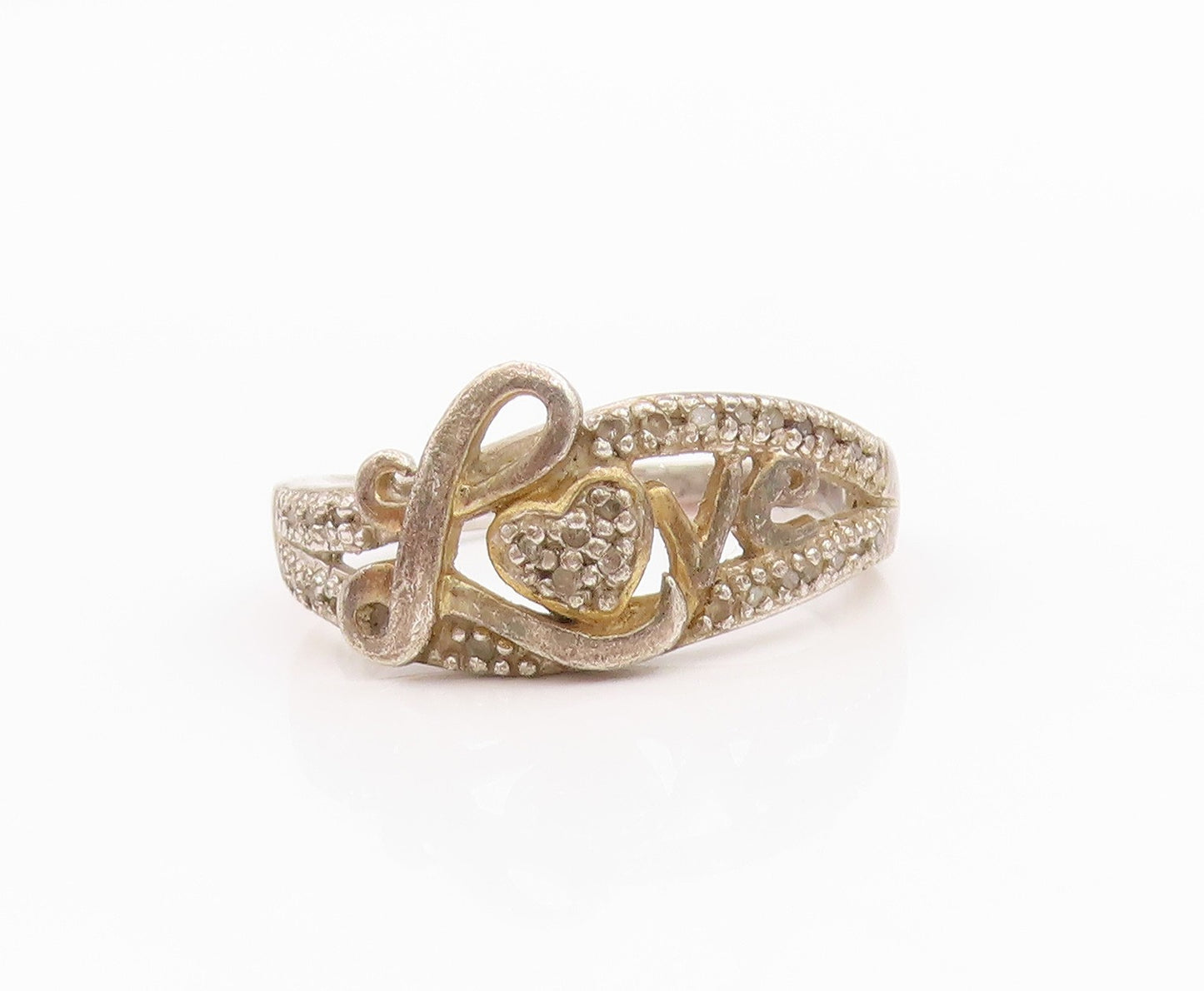 925 Sterling Silver Vintage Ring Diamonds Inlay Love Heart Cut  Sz 8  RG33232