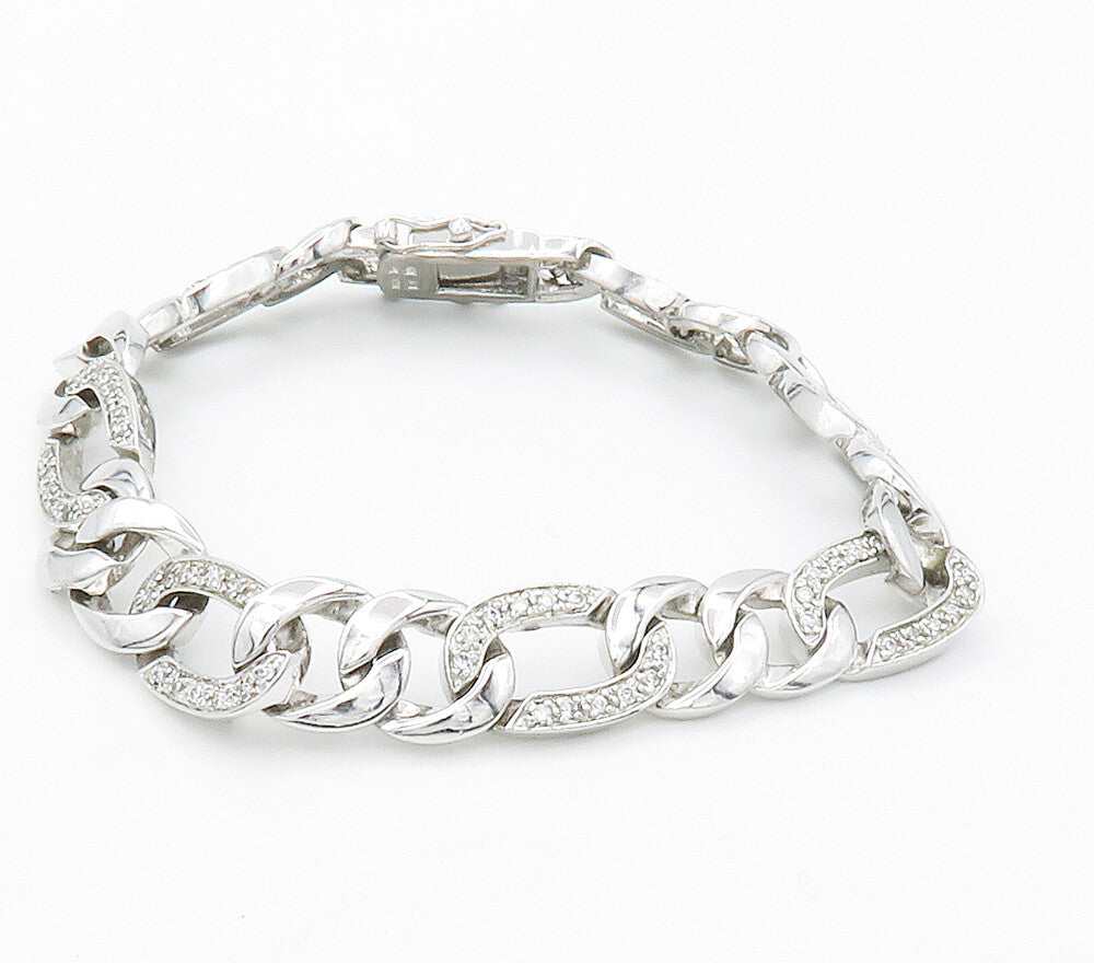 925 Sterling Silver  White Topaz Shiny Curb Link Chain Bracelet  BT5993