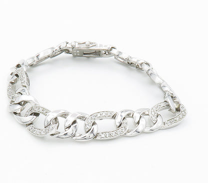 925 Sterling Silver  White Topaz Shiny Curb Link Chain Bracelet  BT5993