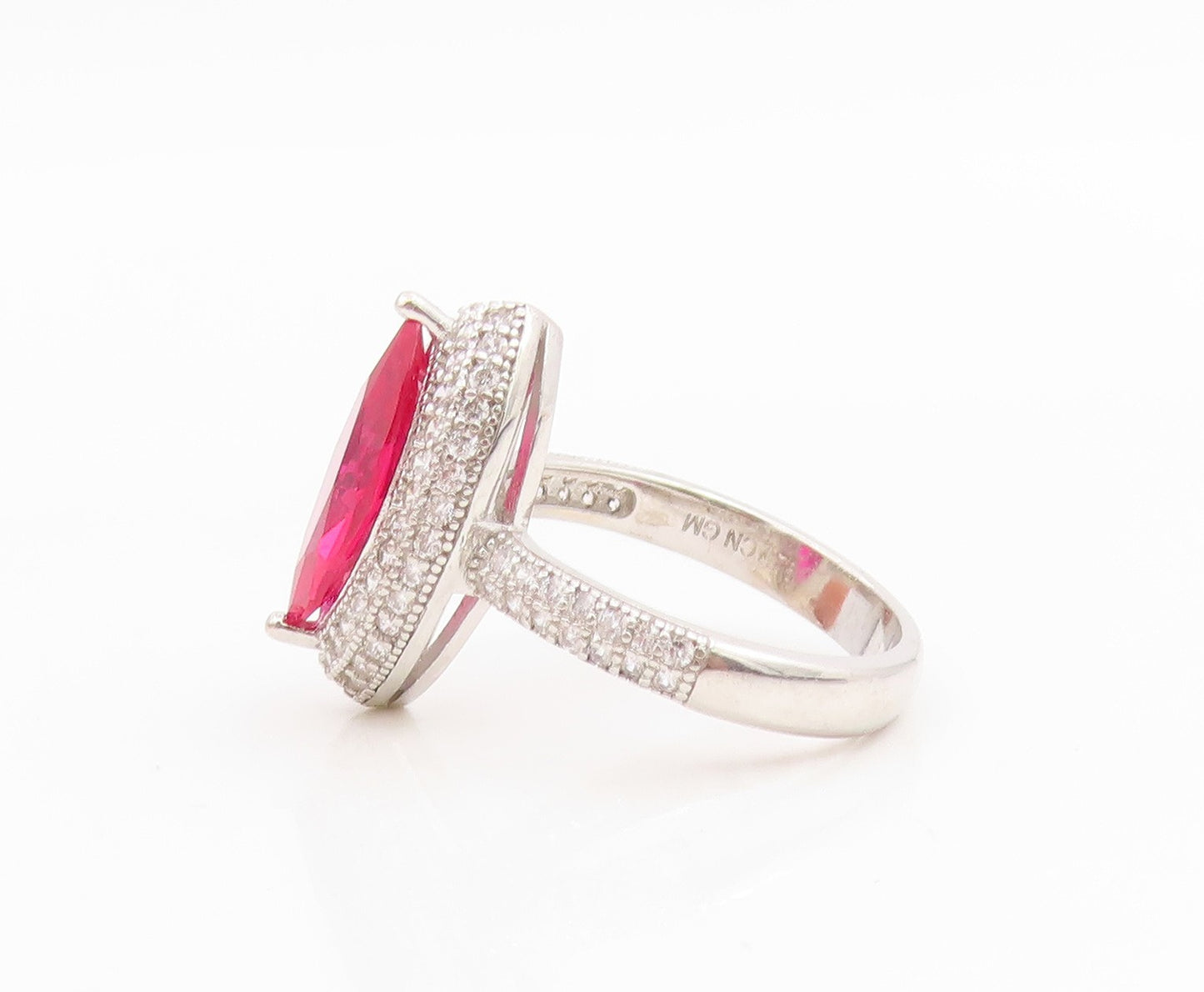 925 Sterling Silver Vintage Ring Marquise Ruby Halo CZ Statement  Sz 7  RG34875